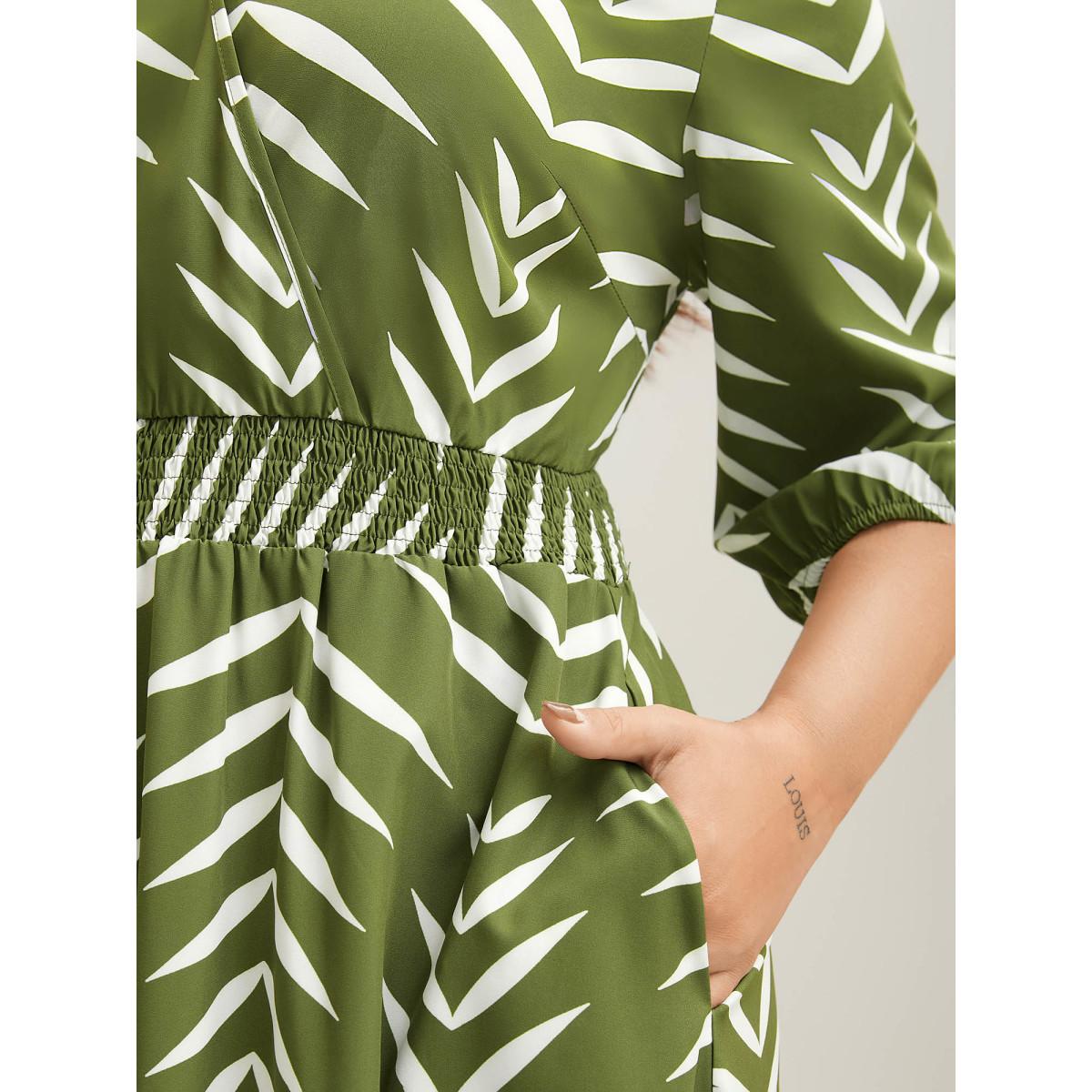 Plus Size Tree Print Wrap Shirred Pockets Midi Dress Olive Women Shirred Overlap Collar Elbow-length sleeve Curvy BloomChic 10/M Product Image