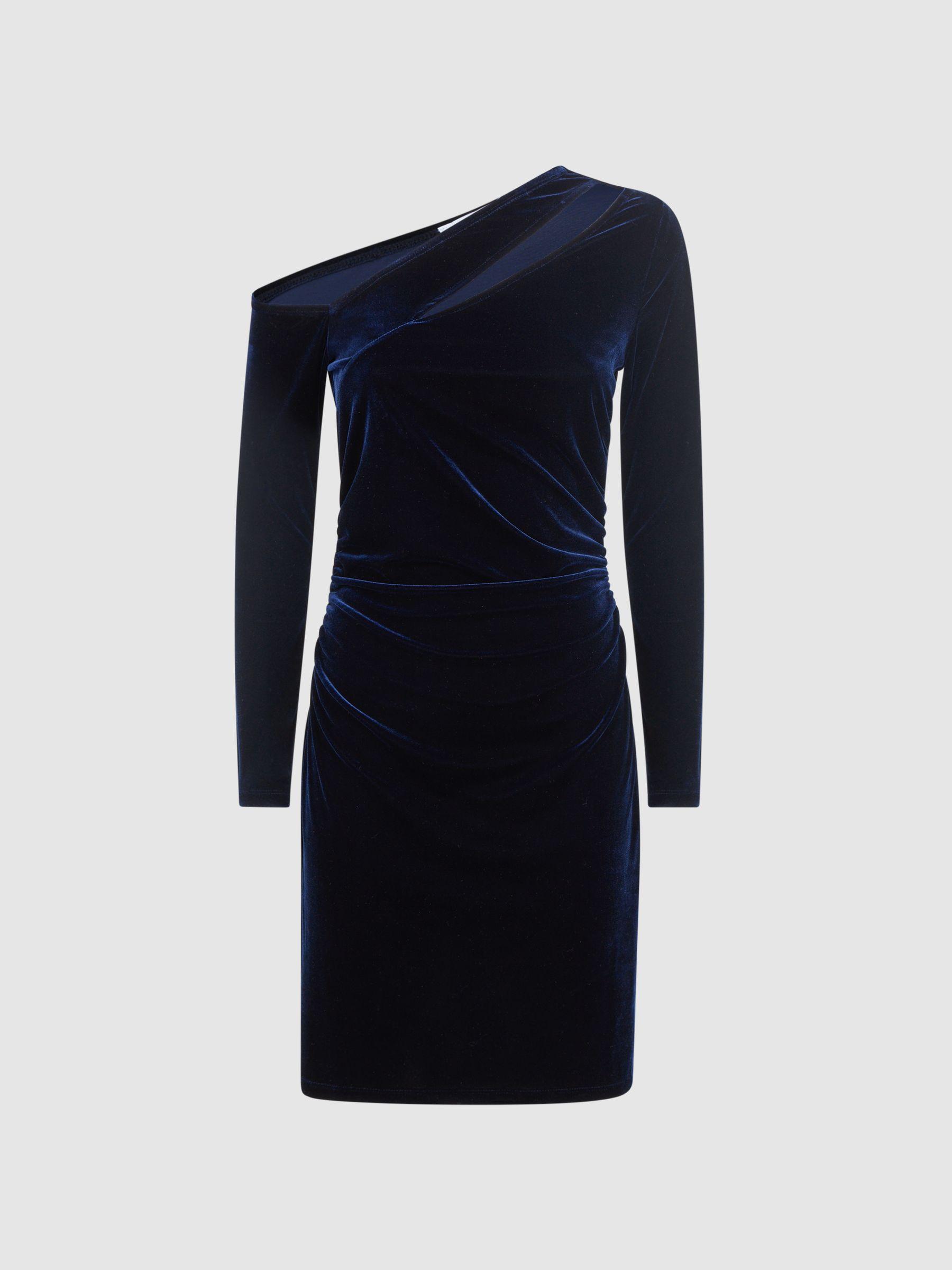 Velvet Off-The-Shoulder Mini Dress in Navy Product Image