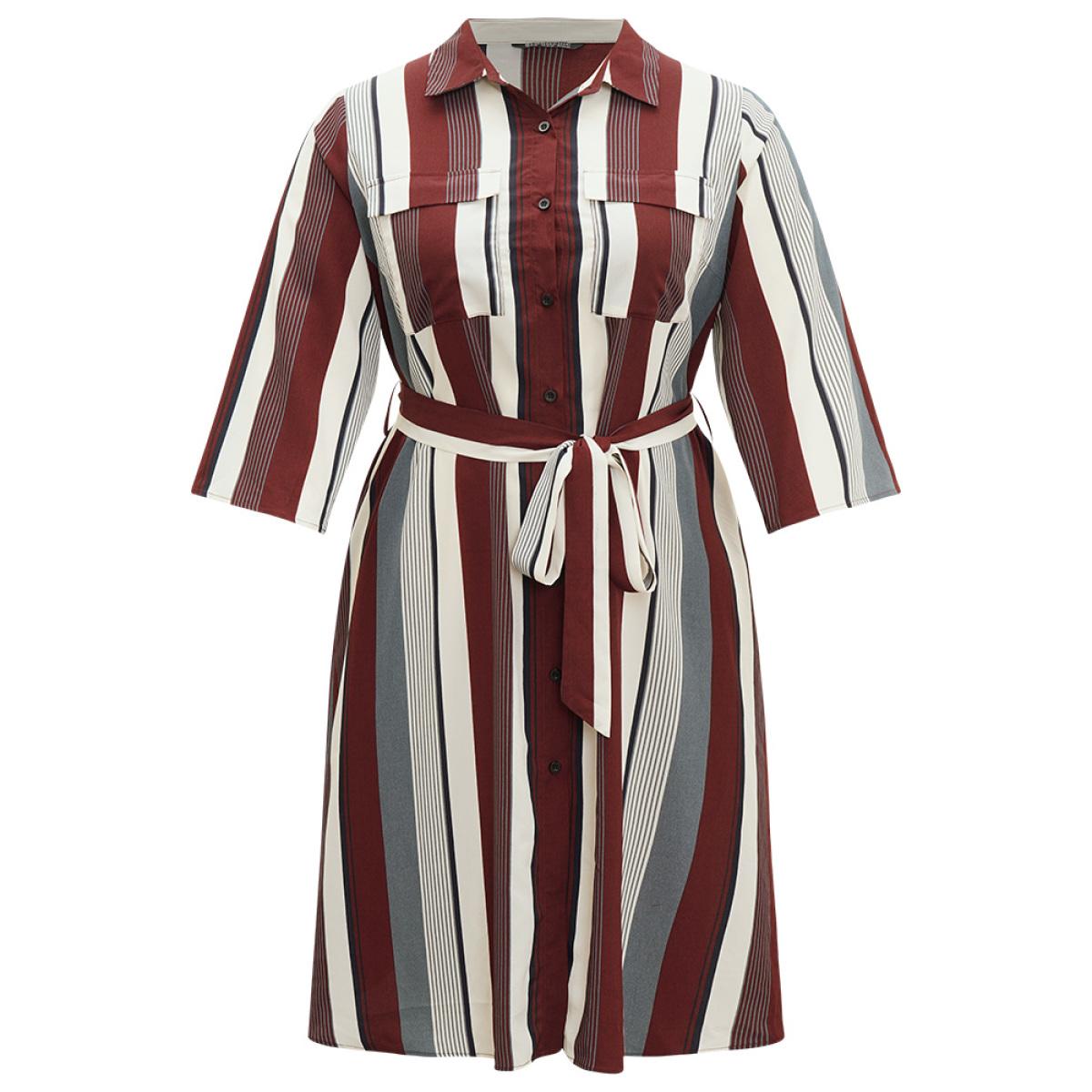 Plus Size Striped Contrast Pocket Button Through Belted Shirt Collar Dress Multicolor Women Work From Home Belted Shirt collar Elbow-length sleeve Curvy Midi Dress BloomChic 30/6X Product Image