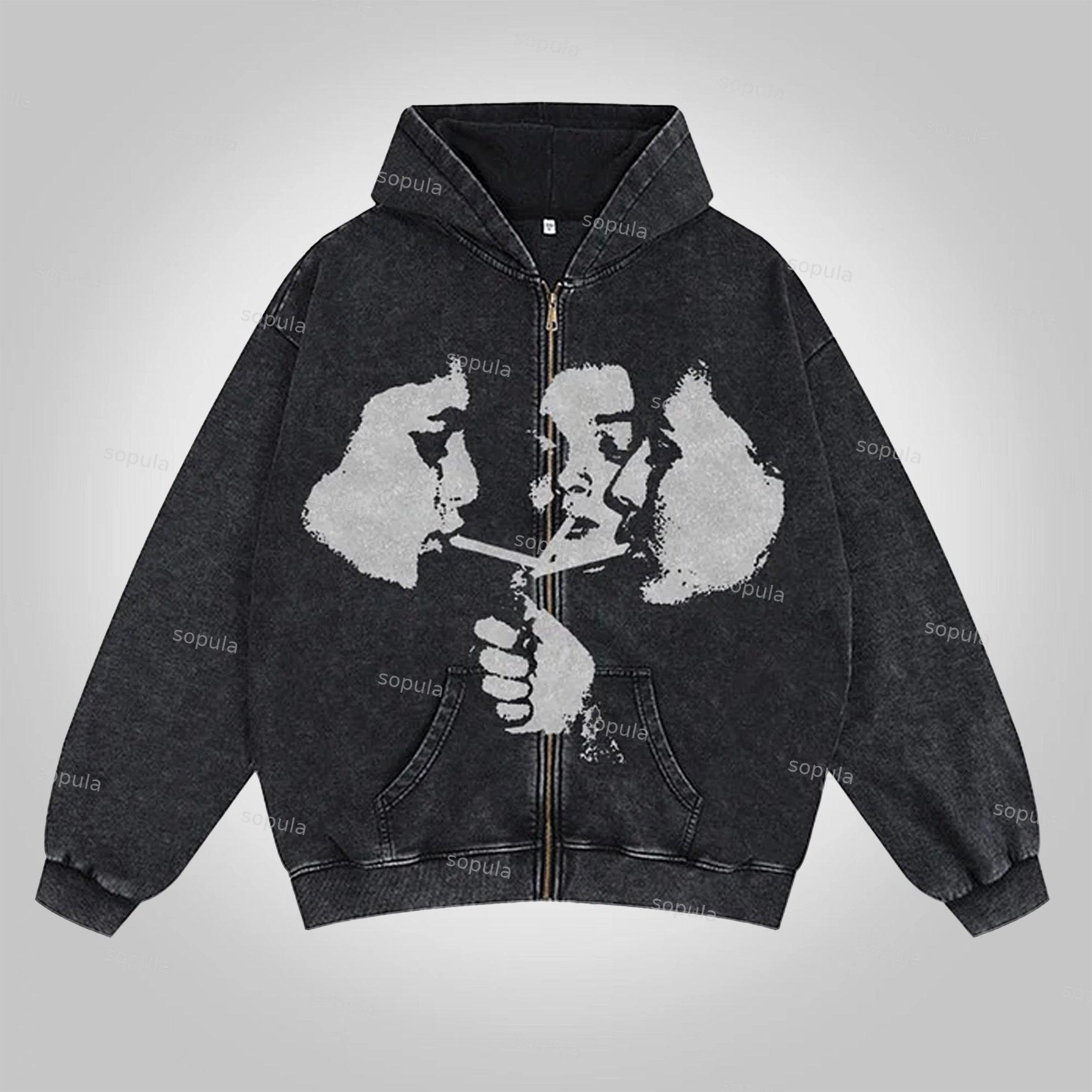 Men's Oversized Relaxed Graphic Vintage Washed Zip-Up Hoodie Product Image