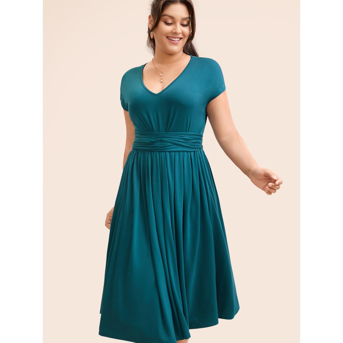 Plus Size Solid Tie Knot Pleated Cap Sleeve Dress Aegean Women Elegant Tie knot V-neck Cap Sleeve Curvy BloomChic 14-16/1X Product Image