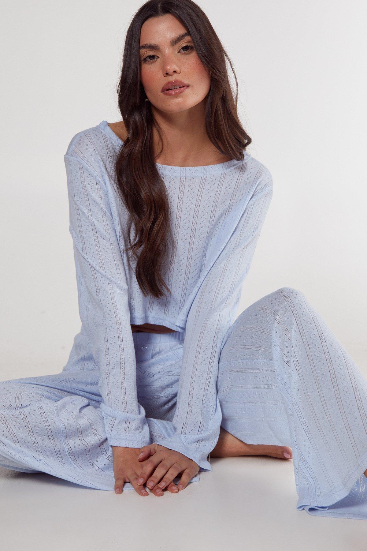 Pointelle Long Sleeve Cropped Top And Trouser Pajama Set Product Image