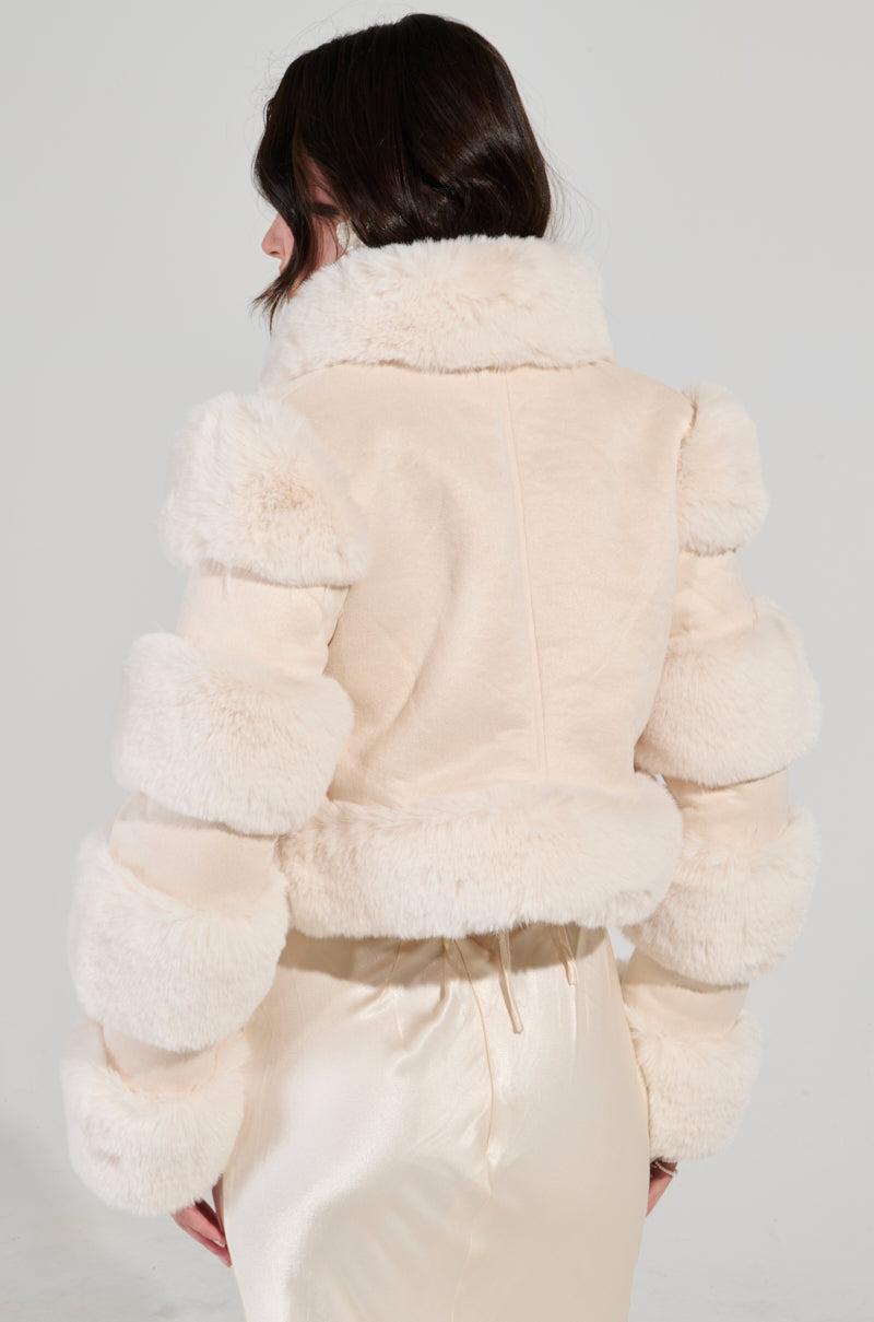 LOVERBOY FAUX FUR MOTO IN IVORY SUEDE Product Image