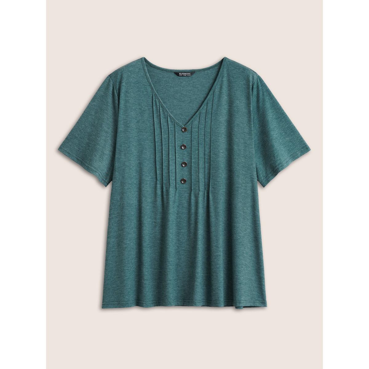 Plus Size Solid Pleated Front Button Detail V Neck T-shirt DarkGreen Women Casual Button Plain Everyday T-shirts BloomChic 30/6X Product Image