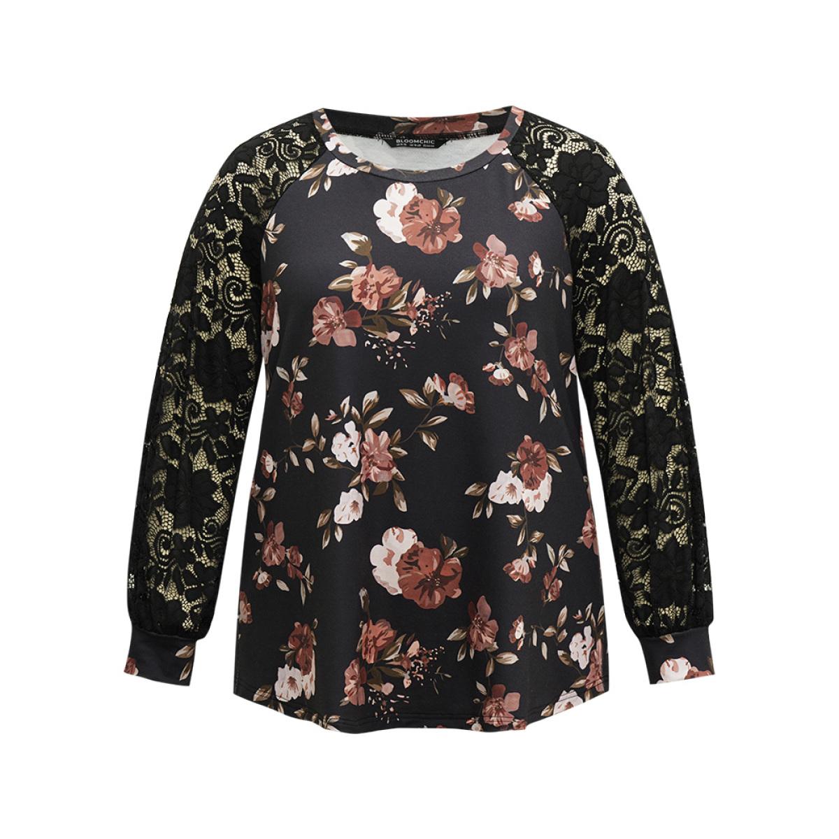 Plus Size Floral Lace Panel Raglan Sleeve Sweatshirt Women Black Elegant Printed Round Neck Dailywear Sweatshirts BloomChic 14-16/1X Product Image