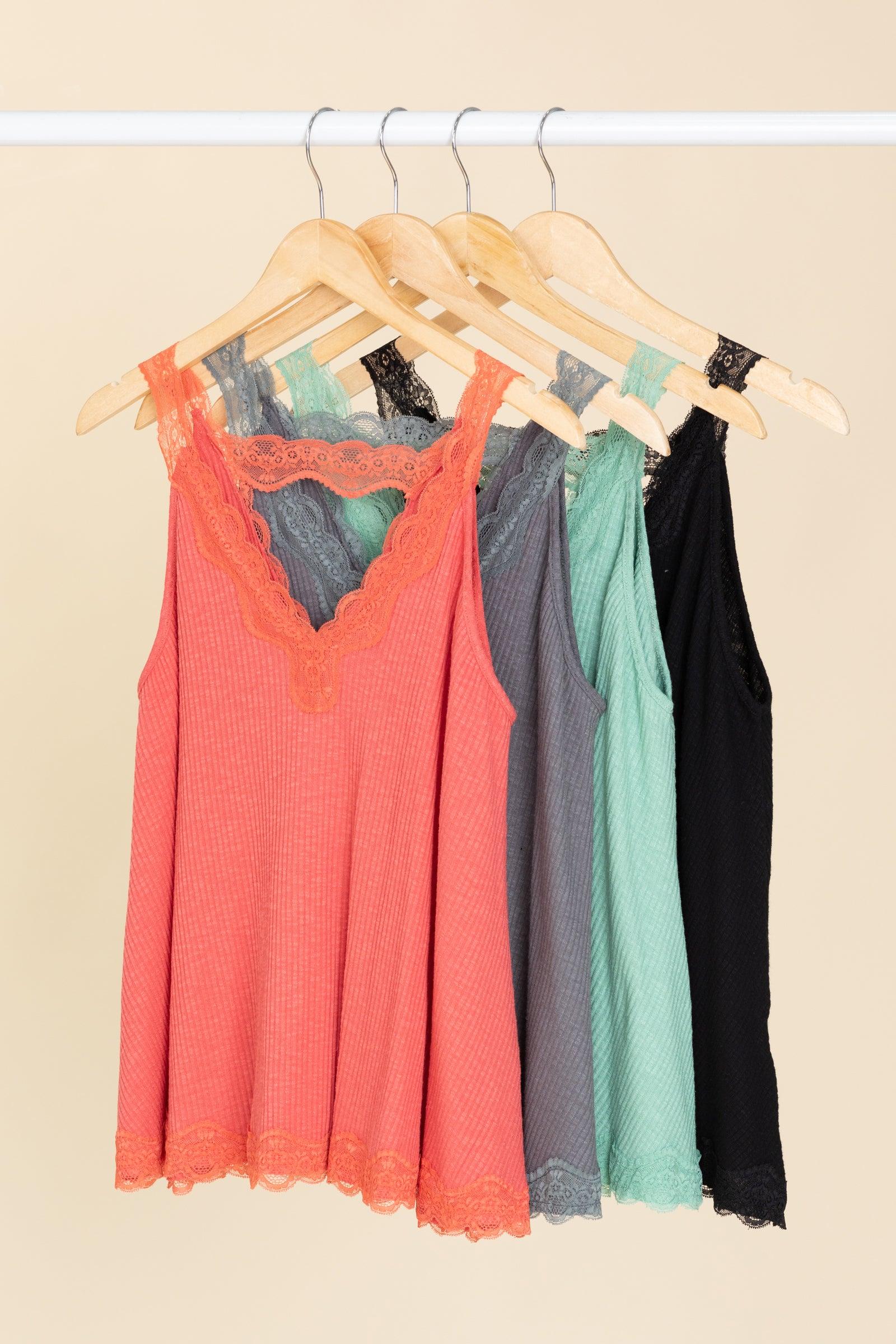 V-Neck Lace Trim Solid Knit Tank Top Product Image
