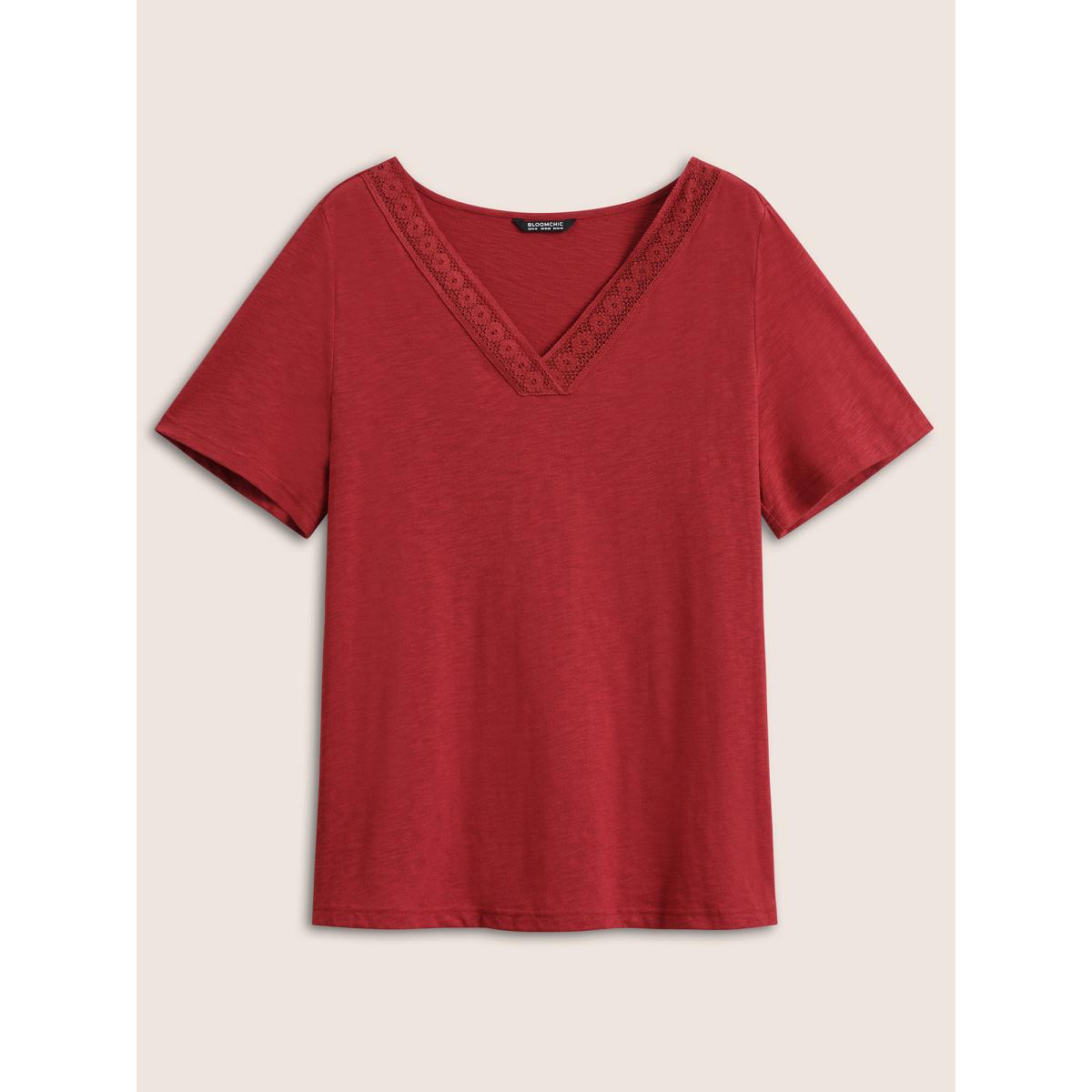 Plus Size Plain V Neck Lace Panel T-shirt Red Women Elegant Non Plain V-neck Everyday T-shirts BloomChic 10/M Product Image