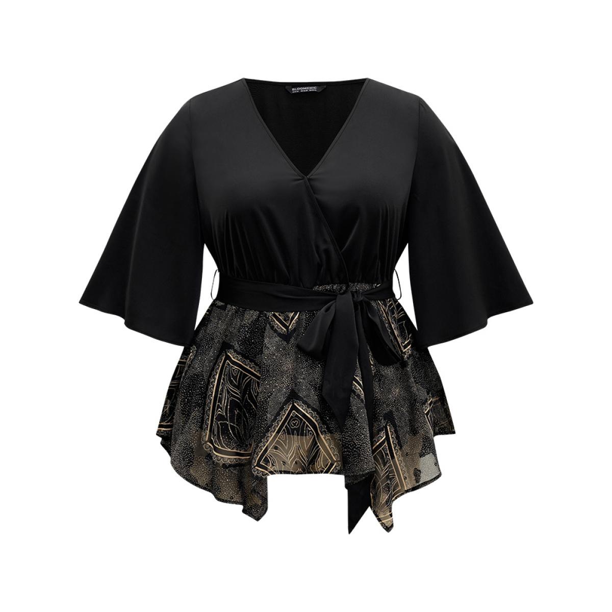 Plus Size Black Boho Print Chiffon Belted Patchwork Hanky Hem Blouse Women Glamour Elbow-length sleeve V-neck Going out Blouses BloomChic 22-24/3X Product Image
