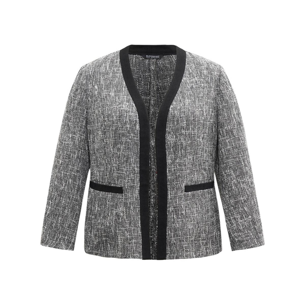 Plus Size Tweed Contrast Trim Pocket Tweed Blazer Gray Women Dailywear Plain Contrast Sleeve Long Sleeve Open Front 18-20/2X Pocket Casual Blazers BloomChic Product Image