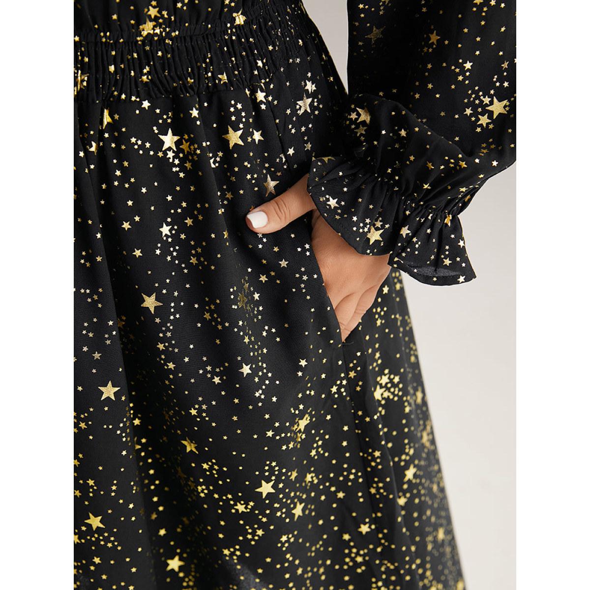 Plus Size Glitter Star Knot Neck Pocket Lantern Sleeve Dress Black Women Party Elastic cuffs Tie Neck Long Sleeve Curvy Midi Dress BloomChic 14-16/1X Product Image