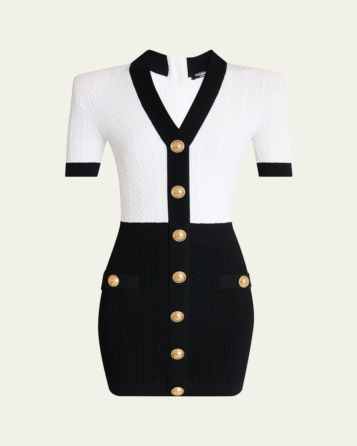 BALMAIN V-neck Buttoned Strong-shoulder Torsade Knit Mini Dress In White Product Image