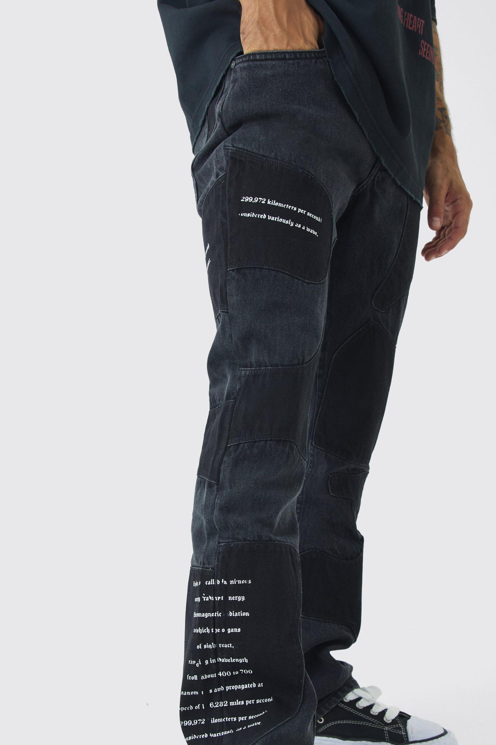 Rigid Slim Flare Patchwork Applique Jeans | boohooMAN USA Product Image