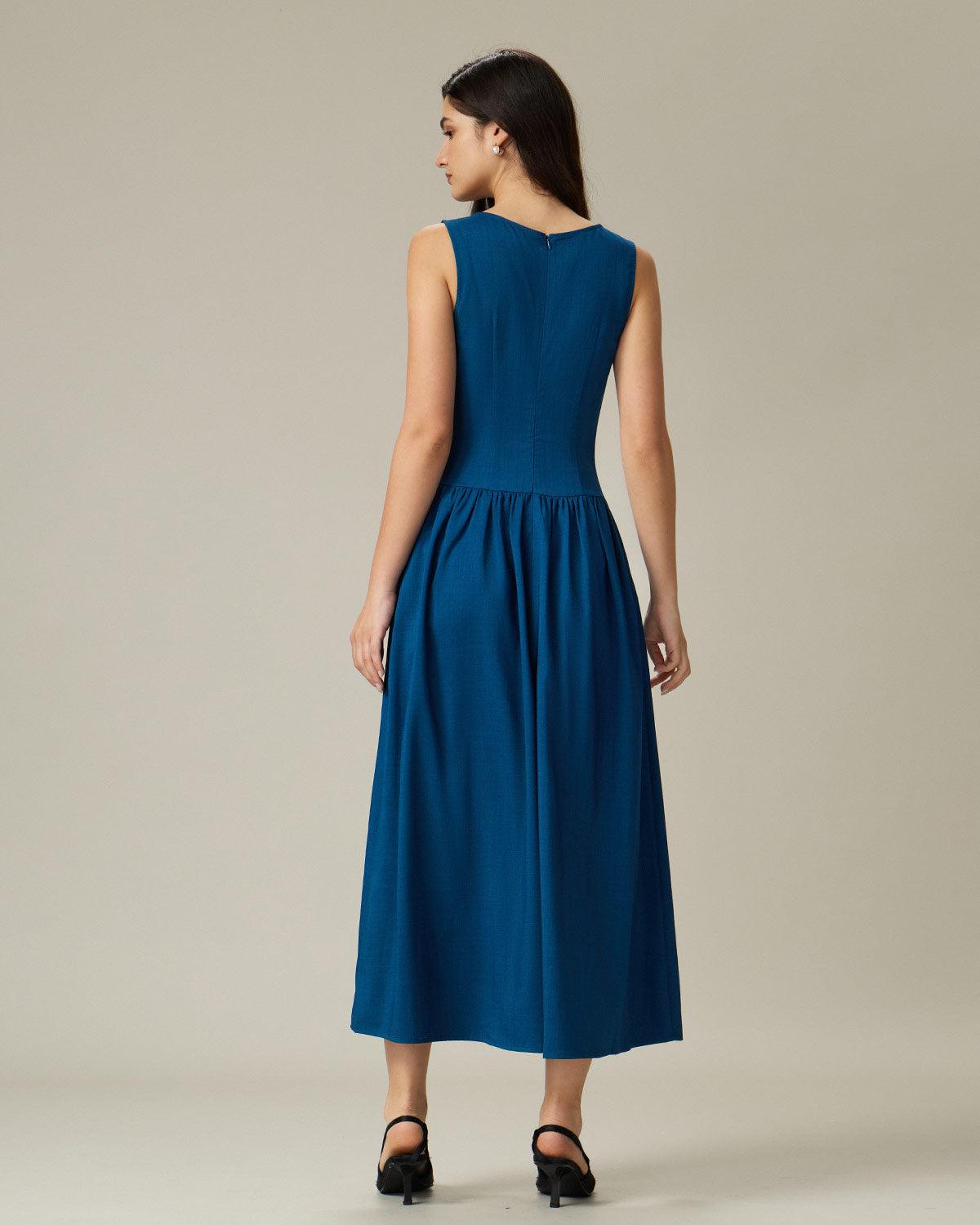 Blue Boat Neck Button Pocket Midi Dress Product Image