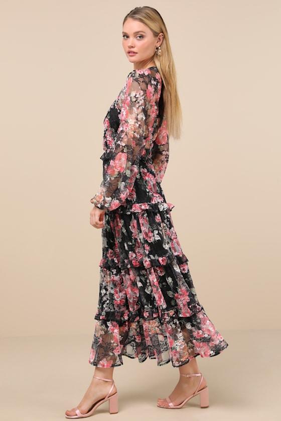 Kingsly Black Floral Lace Long Sleeve Tiered Midi Dress Product Image