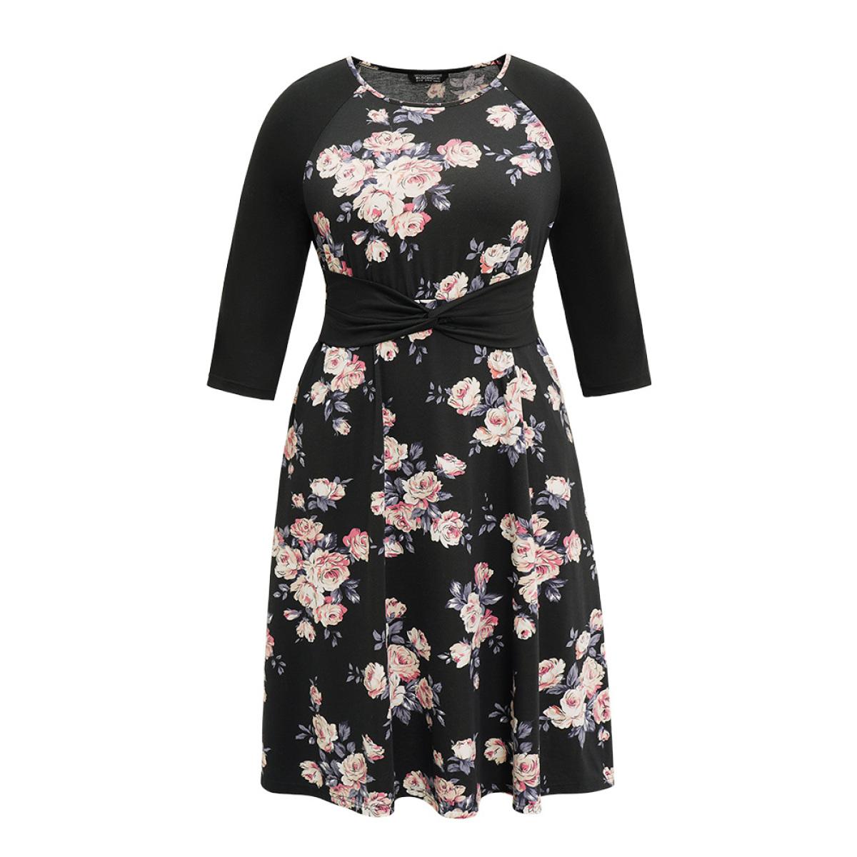 Plus Size Floral Twist Front Patchwork Raglan Sleeve Dress Black Women Elegant Contrast Round Neck Elbow-length sleeve Curvy Midi Dress BloomChic 14-16/1X Product Image