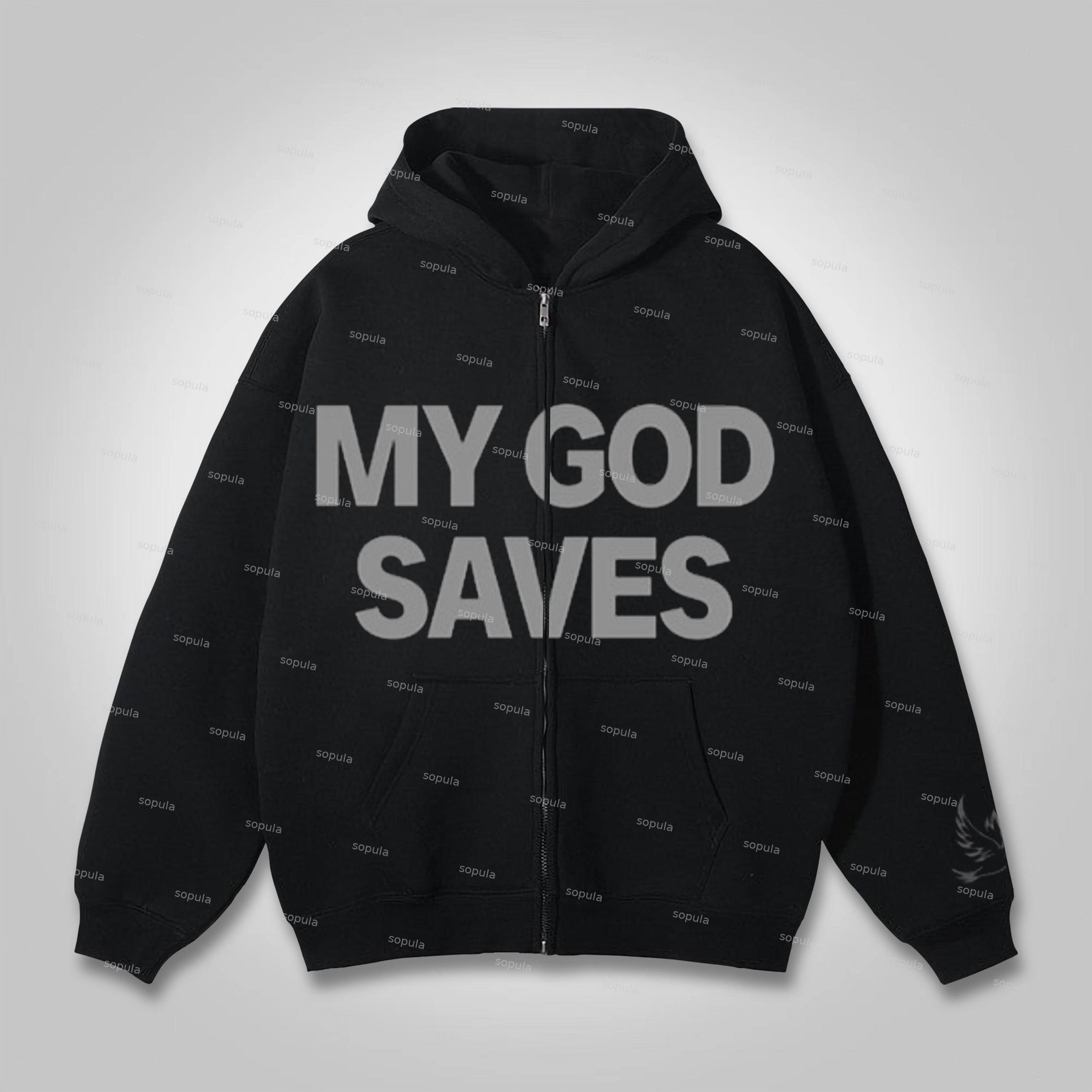 Jesus Multi-Element Print Graphic Loose Velvet Pocket Zip Hoodie Product Image