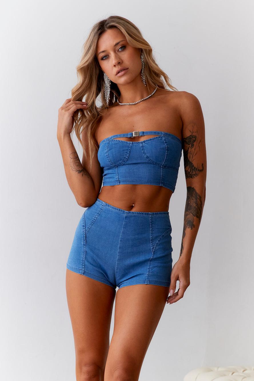 HELLO MOLLY Cheeky Heart Mid Rise Denim Shorts Blue Product Image