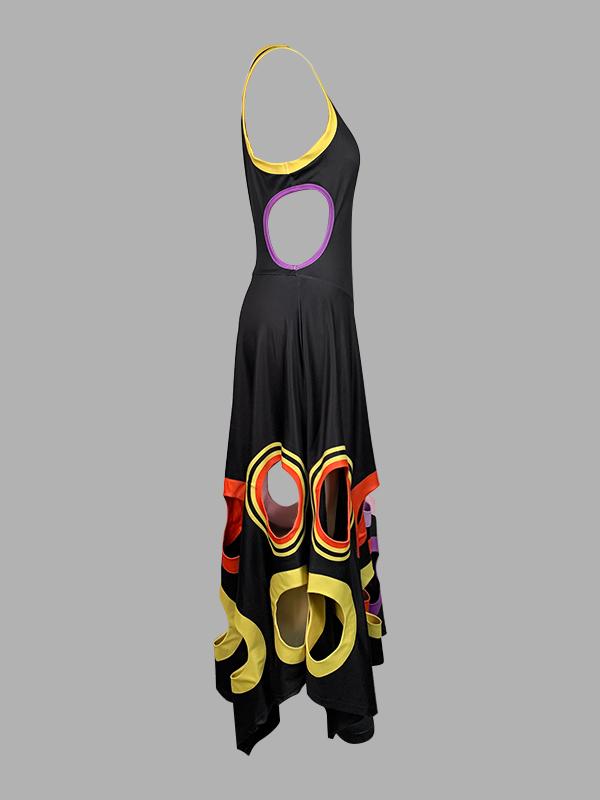 A-Line High Waisted Contrast Color Hollow Round-Neck Maxi Dresses Product Image