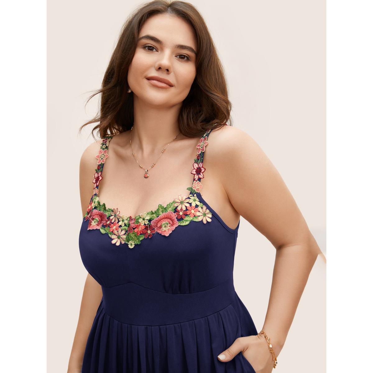 Plus Size Floral Embroidered Pocket Midi Cami Dress Navy Women Elegant Embroidered Heart neckline Sleeveless Curvy BloomChic 30/6X Product Image