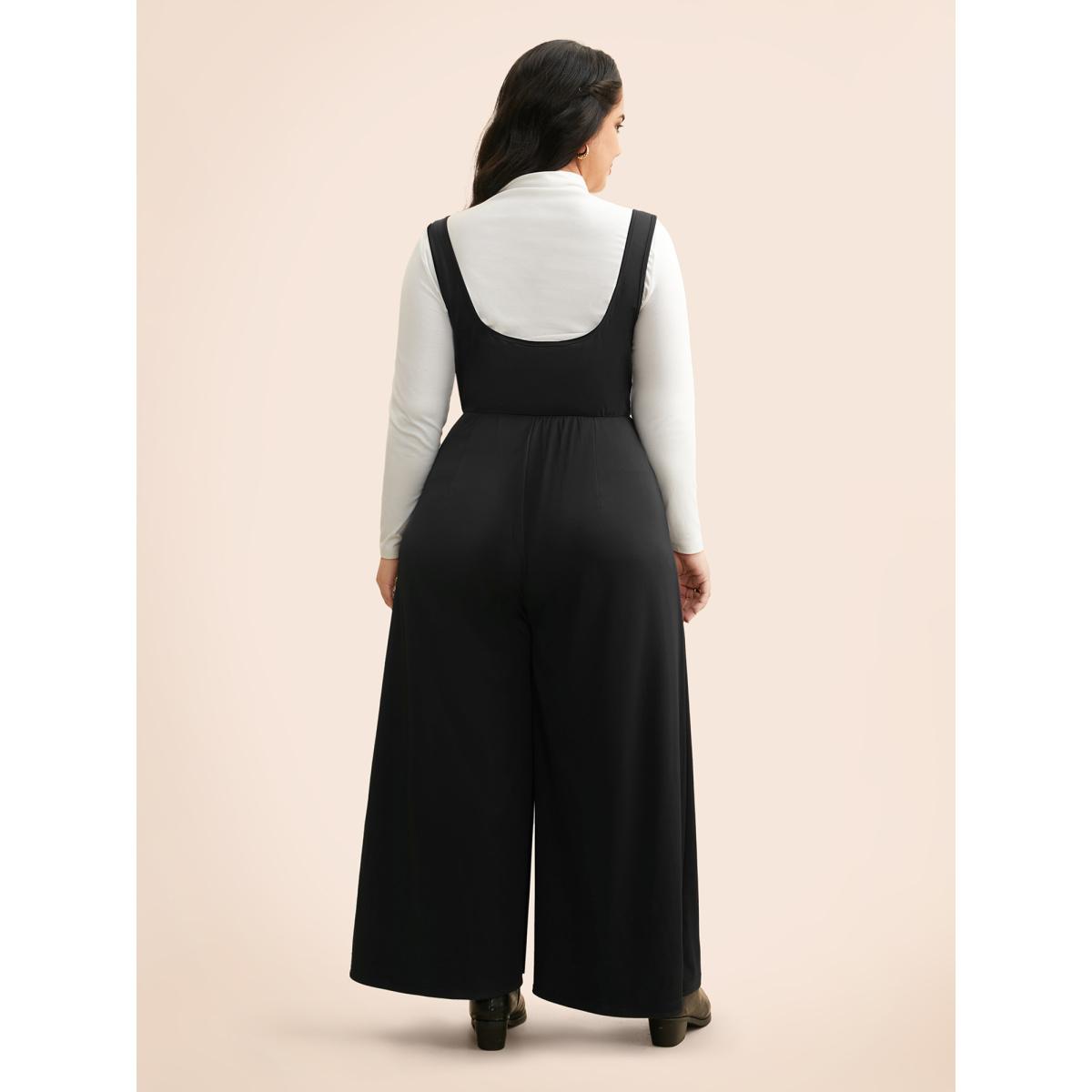 Plus Size Black Solid Slightly Stretchy Pocket Jumpsuit Women Elegant Sleeveless Non Everyday Loose Jumpsuits BloomChic 10/M Product Image
