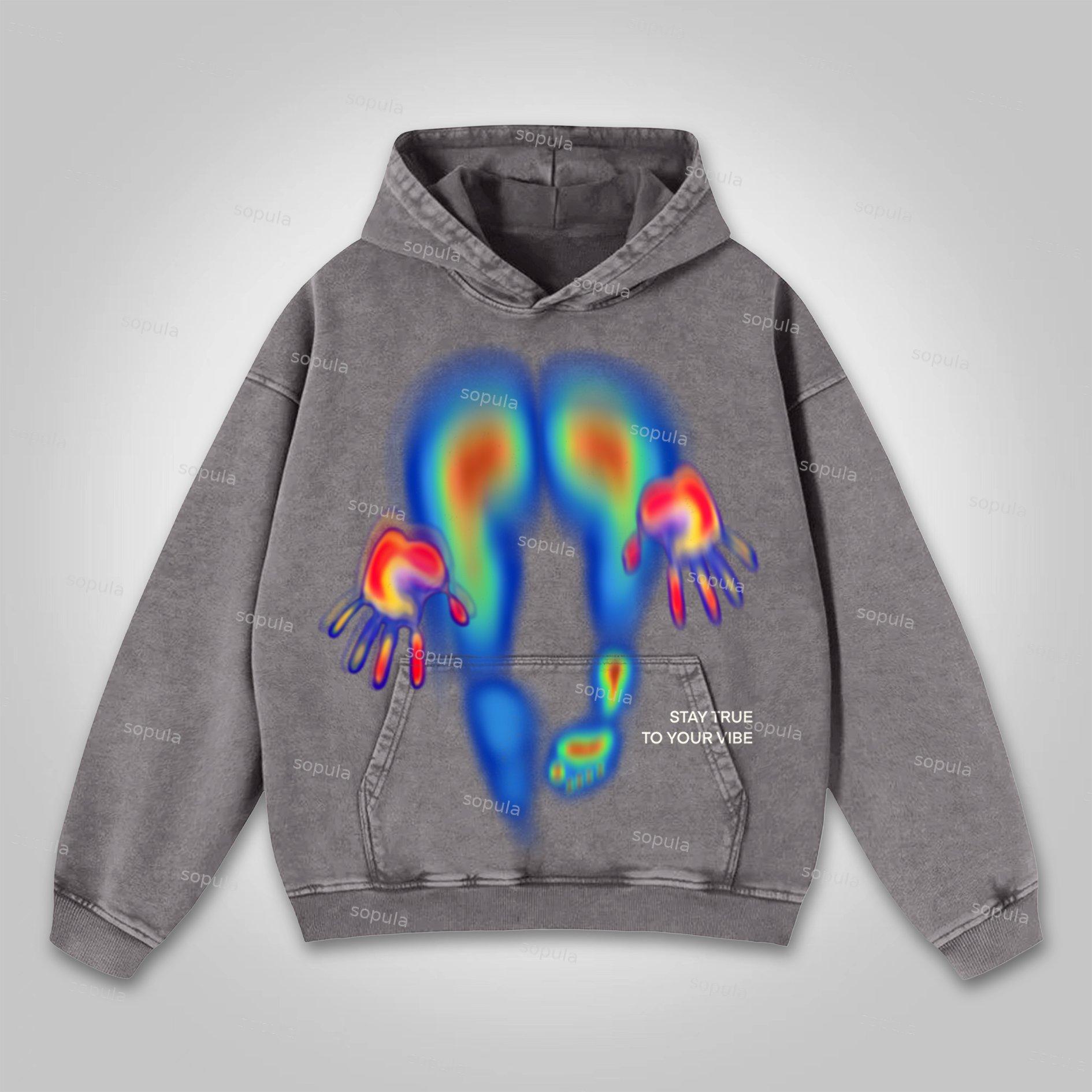 Sopula Abstract Graphics Of Heat-Sensitive Characters Washed Distressed Hoodie Product Image