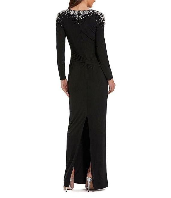 Mac Duggal V-Neck Twist Front Beaded Shoulder Jersey Gown Product Image