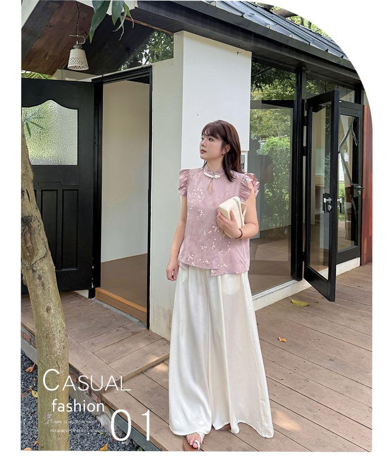 Plus Size Cap-Sleeve Stand Collar Floral Print Cutout Frog Buttoned Blouse Product Image