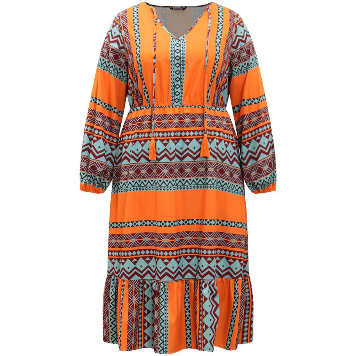 Plus Size Boho Print Tassel Tie Neck Dress OrangeRed Women Vacation Elastic cuffs Tie Neck Long Sleeve Curvy Midi Dress BloomChic 30/6X Product Image