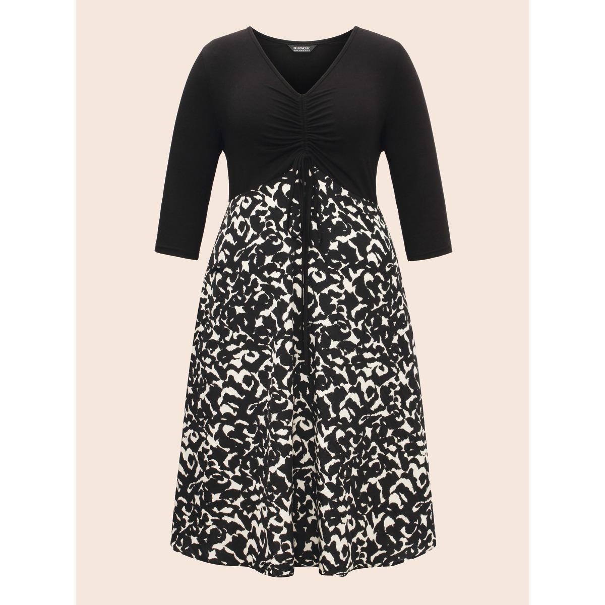 Plus Size V Neck Patchwork Drawstring Dress Black Women Elegant Patchwork V-neck Elbow-length sleeve Curvy BloomChic 14-16/1X Product Image