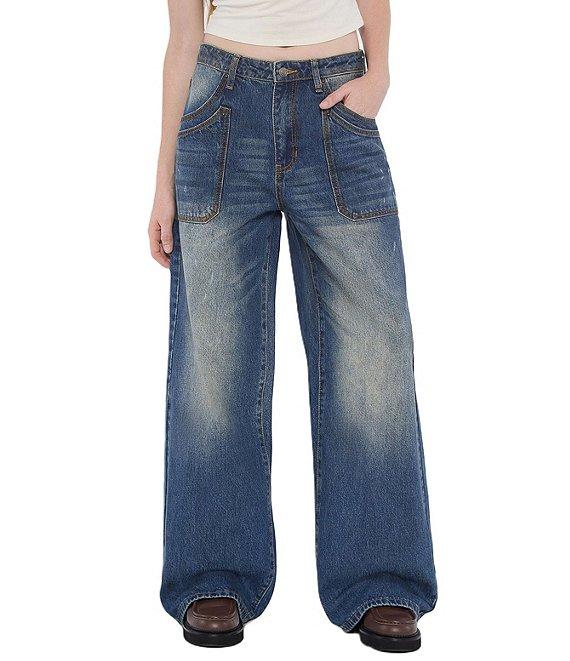 Guess Mid Rise Double Pocket Wide Leg Jeans Product Image