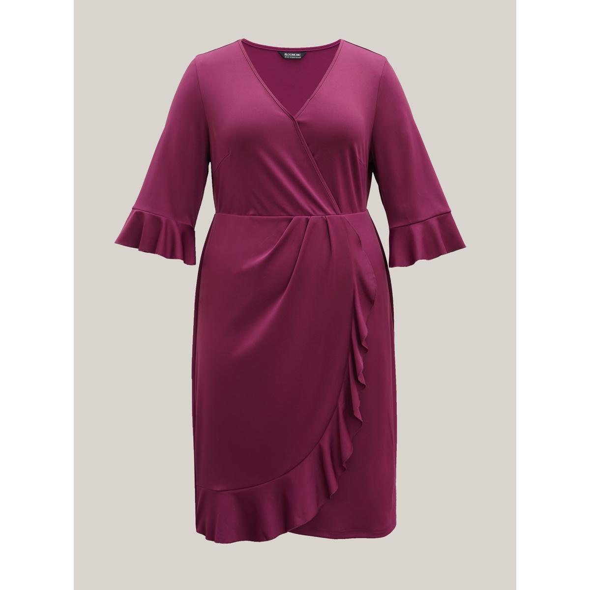 Plus Size Flared V-Neck Fake Wrap Midi Dress Deeppurplered Women Elegant Overlapping Knit Dresses Bloomchic 22-24/3X Product Image