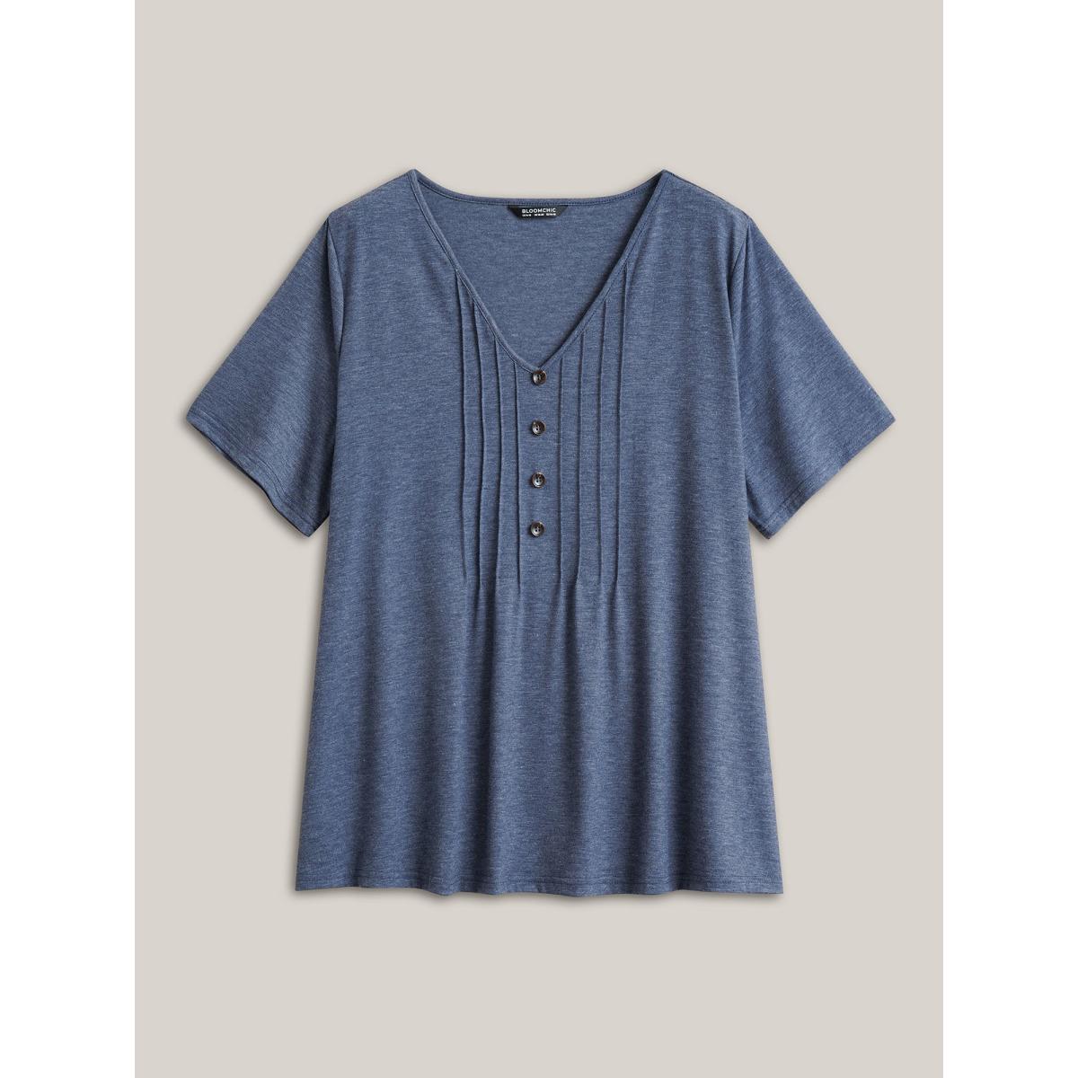 Plus Size Solid Pleated Front Button Detail V Neck T-shirt Stone Women Casual Button Plain Everyday T-shirts BloomChic 10/M Product Image