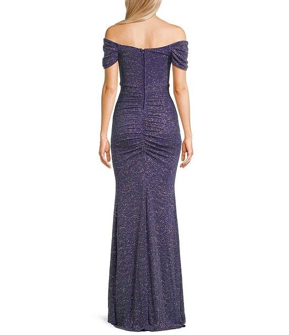 Honey and Rosie Glitter Knit Off-The-Shoulder Front Slit Gown Product Image