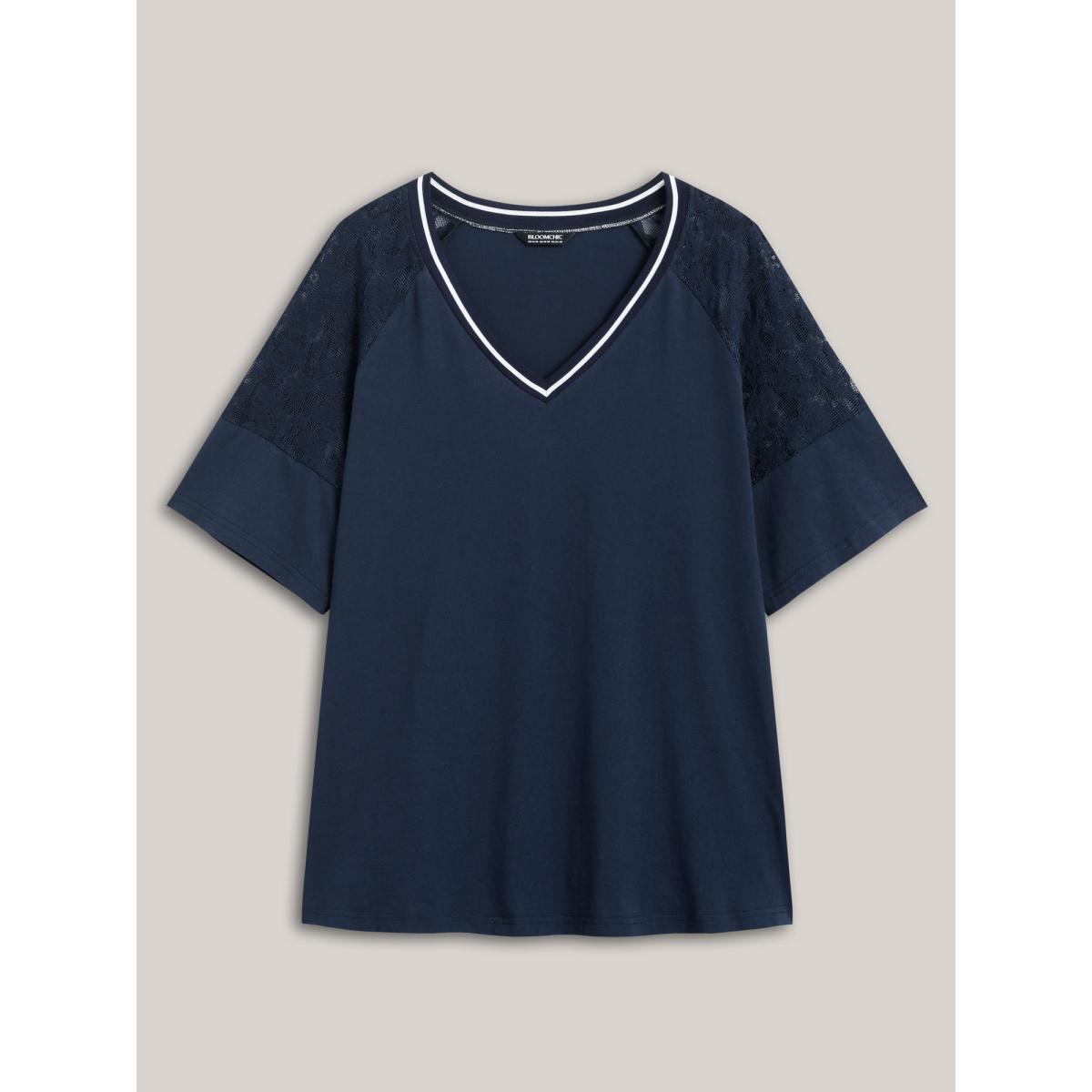 Plus Size Supersoft Sheer Floral Sleeve V-Neck T-Shirt Indigo Women Leisure See through V-neck Casual T-shirts BloomChic 22-24/3X Product Image