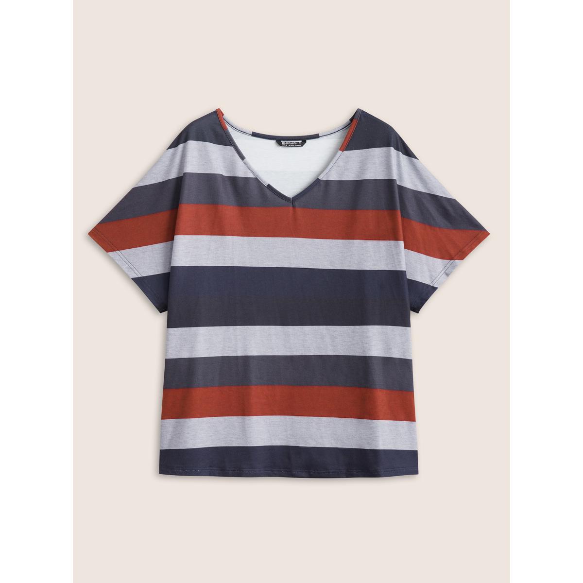 Plus Size Contrast Striped Dolman Sleeve T-shirt Multicolor Women Casual Striped V-neck Everyday T-shirts BloomChic 18-20/2X Product Image