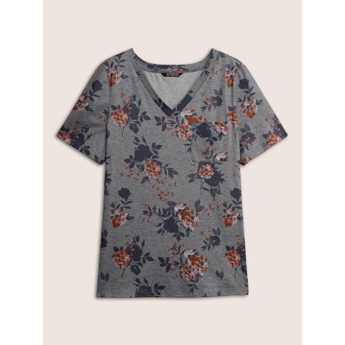 Plus Size V Neck Floral Print Patched Pocket T-shirt Gray Women Elegant Non Floral V-neck Everyday T-shirts BloomChic 10/M Product Image