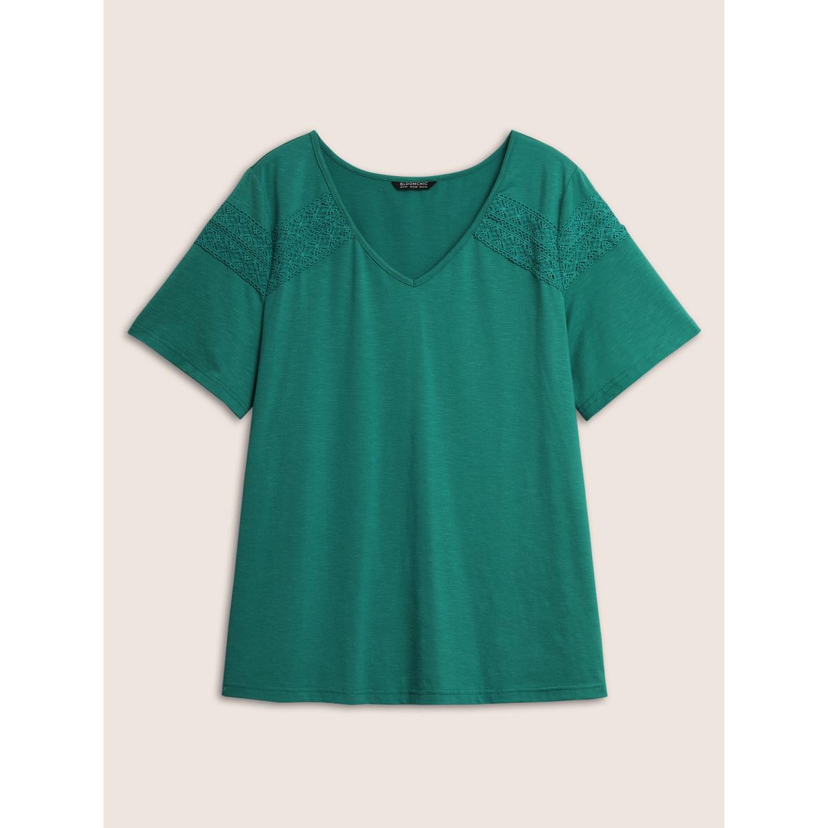 Plus Size Plain V Neck Lace Panel T-shirt Teal Women Resort Patchwork V-neck Vacation T-shirts BloomChic 12/L Product Image