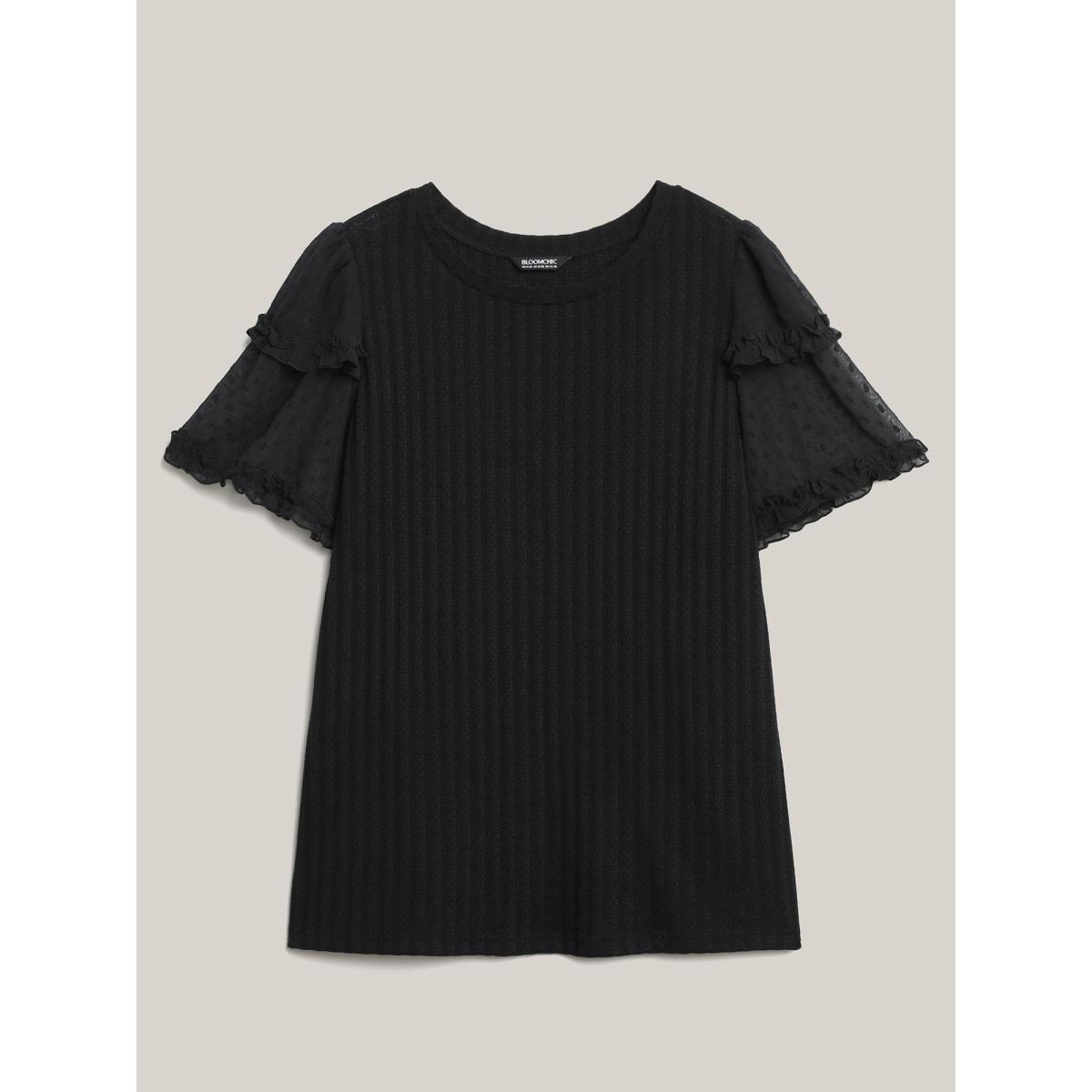 Plus Size Textured Pit Strip Layered Sleeve Sheer T-Shirt Black Women Leisure Texture Round Neck Casual T-shirts BloomChic 26/4X Product Image