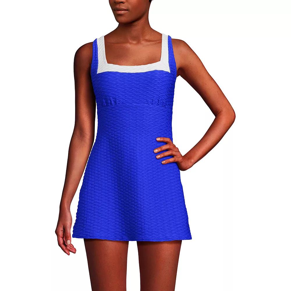 Women's Lands' End Square Neck Textured Swim Dress, Size: Medium, Electric Blue White Product Image