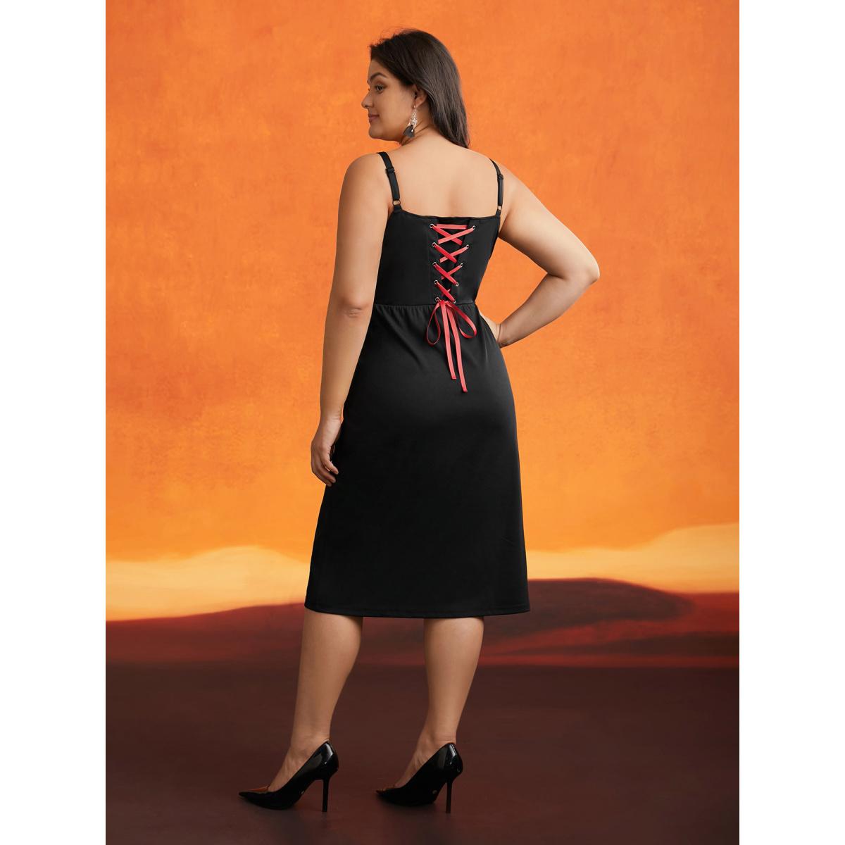 Plus Size Cherry Skull Back Adjustable Straps Midi Dress Black Women Cocktail Tie knot Party Curvy Bloomchic 26/4X Product Image