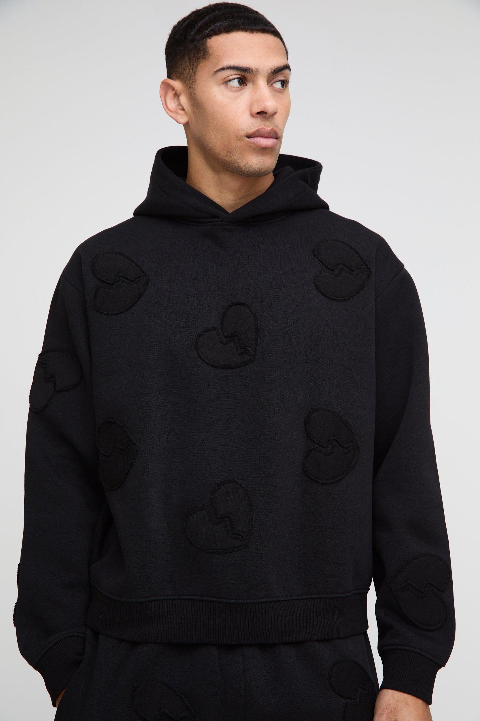 Oversized Boxy All Over Heart Applique Tracksuit | boohooMAN USA Product Image