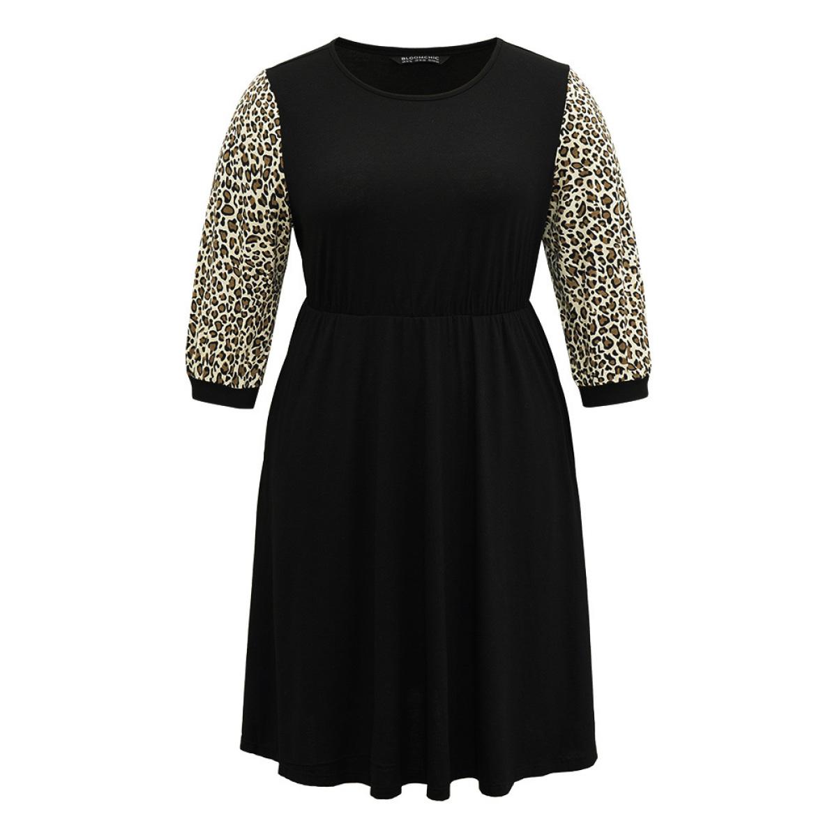 Plus Size Leopard Patchwork Pocket Elastic Waist Dress Black Women Casual Printed Round Neck Elbow-length sleeve Curvy Midi Dress BloomChic 30/6X Product Image