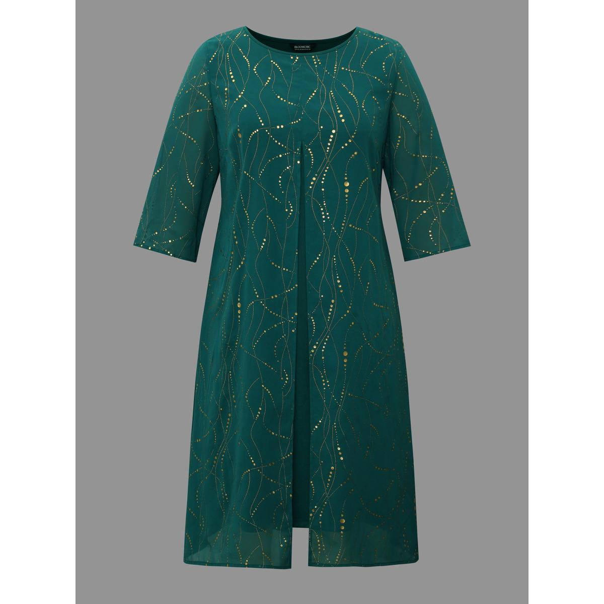 Plus Size Glitter 2-In-1 Layered Dress DarkGreen Women Cocktail Overlapping Party Curvy Bloomchic 26/4X Product Image