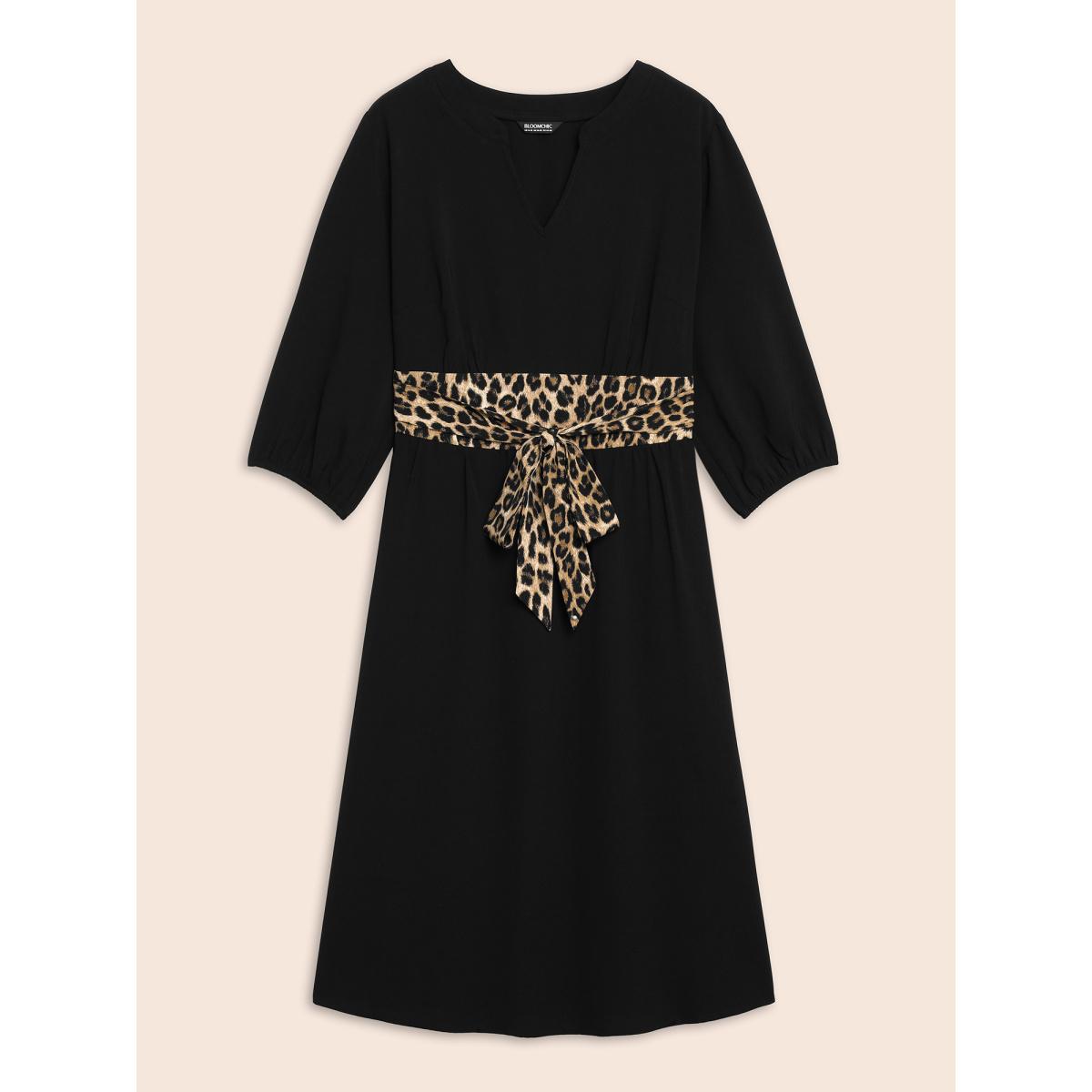 Plus Size Notched Collar Leopard Print Patchwork Dress Black Women Elegant Tie knot Notched collar Elbow-length sleeve Curvy BloomChic 12/L Product Image