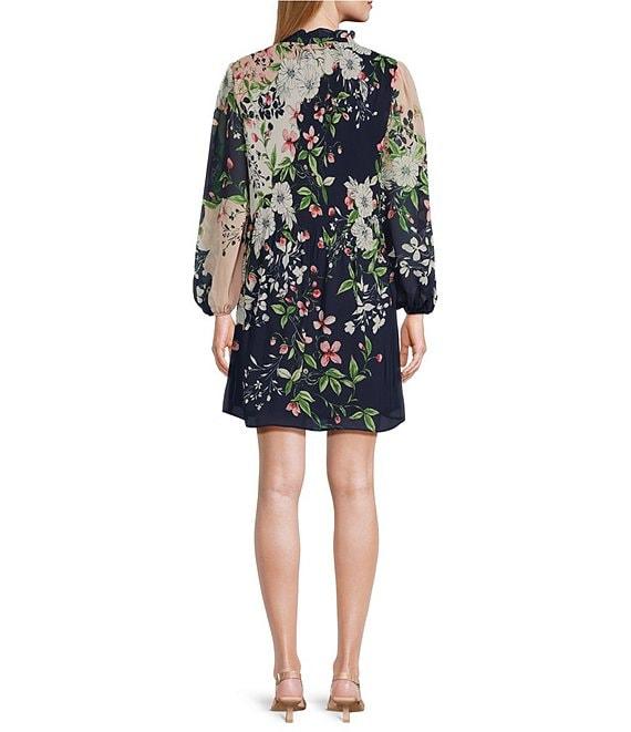 Jessica Howard Tie Split Neck Balloon Sleeve Pleated Chiffon Sheath Dress Product Image