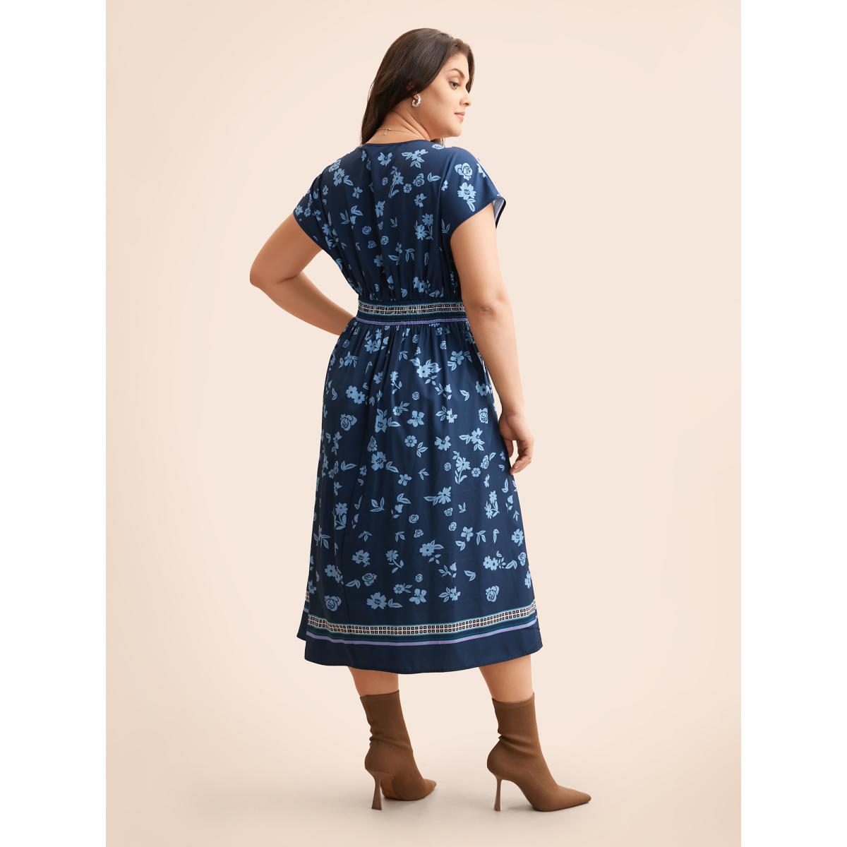 Plus Size Boho Print Shirred Dolman Sleeve Dress Navy Women Elegant Pleated V-neck Short sleeve Curvy BloomChic 22-24/3X Product Image