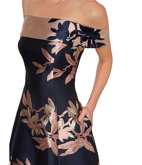 Adrianna Papell Off-The-Shoulder Cap Sleeve Floral Jacquard A-Line Tea Length Dress Product Image