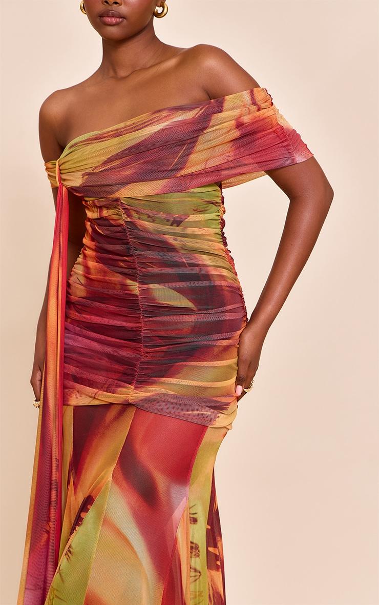 Burnt Orange Abstract Print Lined Mesh Bardot Maxi Dress Product Image