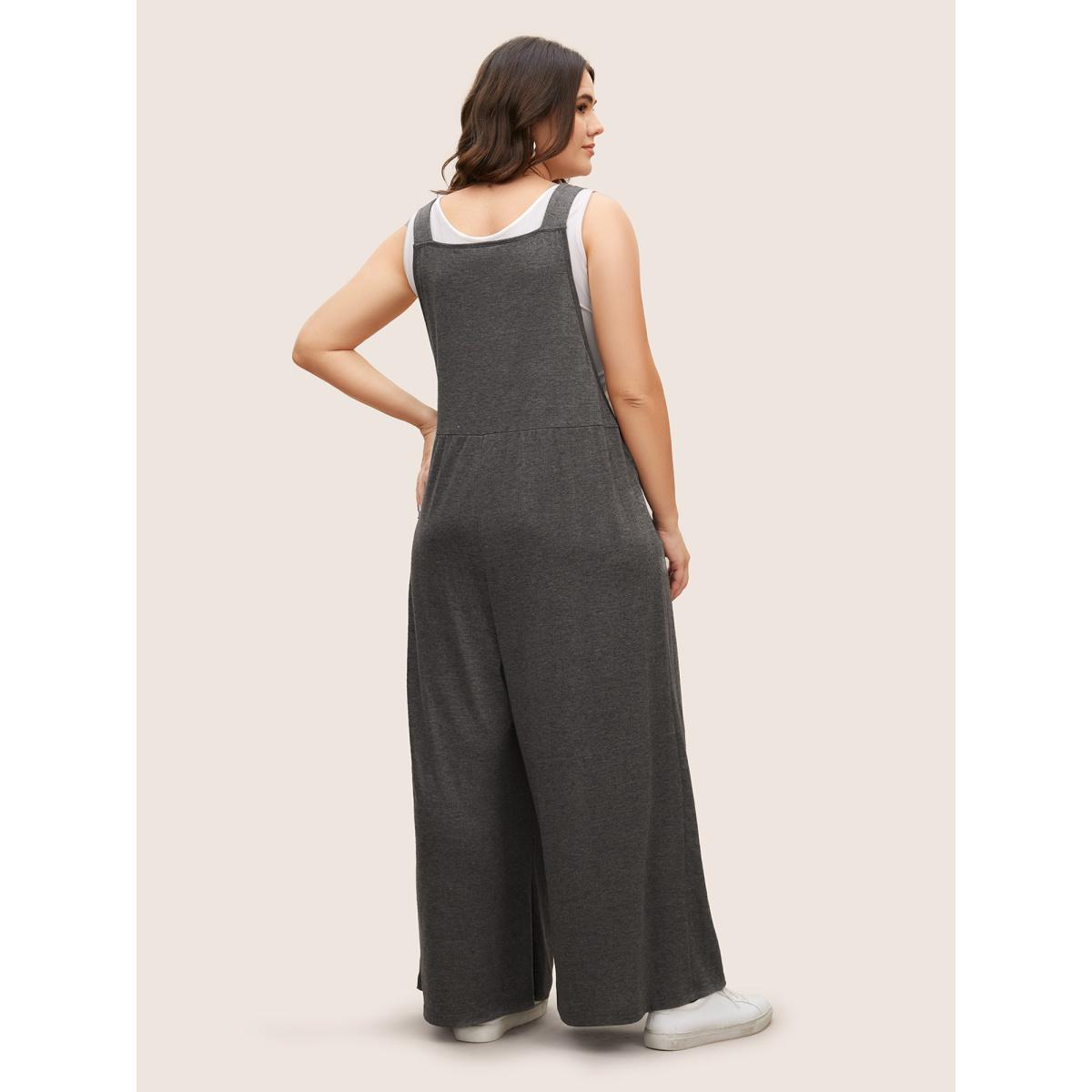 Plus Size DimGray Supersoft Essentials Solid Pleated Pocket Jumpsuit Women Casual Sleeveless Non Everyday Loose Jumpsuits BloomChic 30/6X Product Image