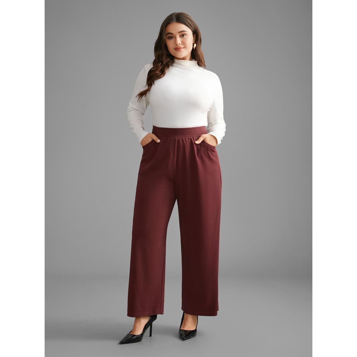 Plus Size Plain Elastic Waist Straight Leg Pants Women Deepred Elegant Straight Leg Mid Rise Everyday Pants BloomChic 12/L Product Image